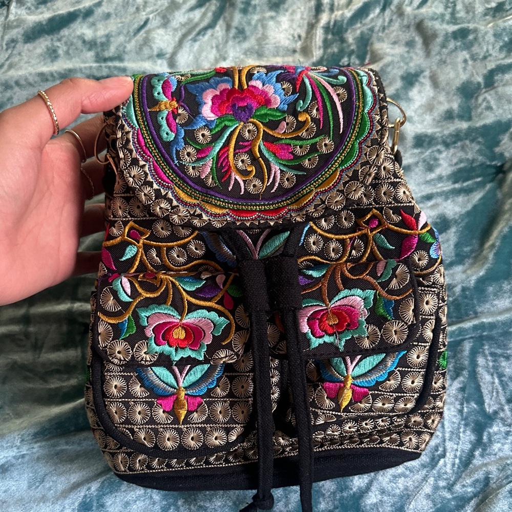 Embroidered Black and Multicolor Women's Bag